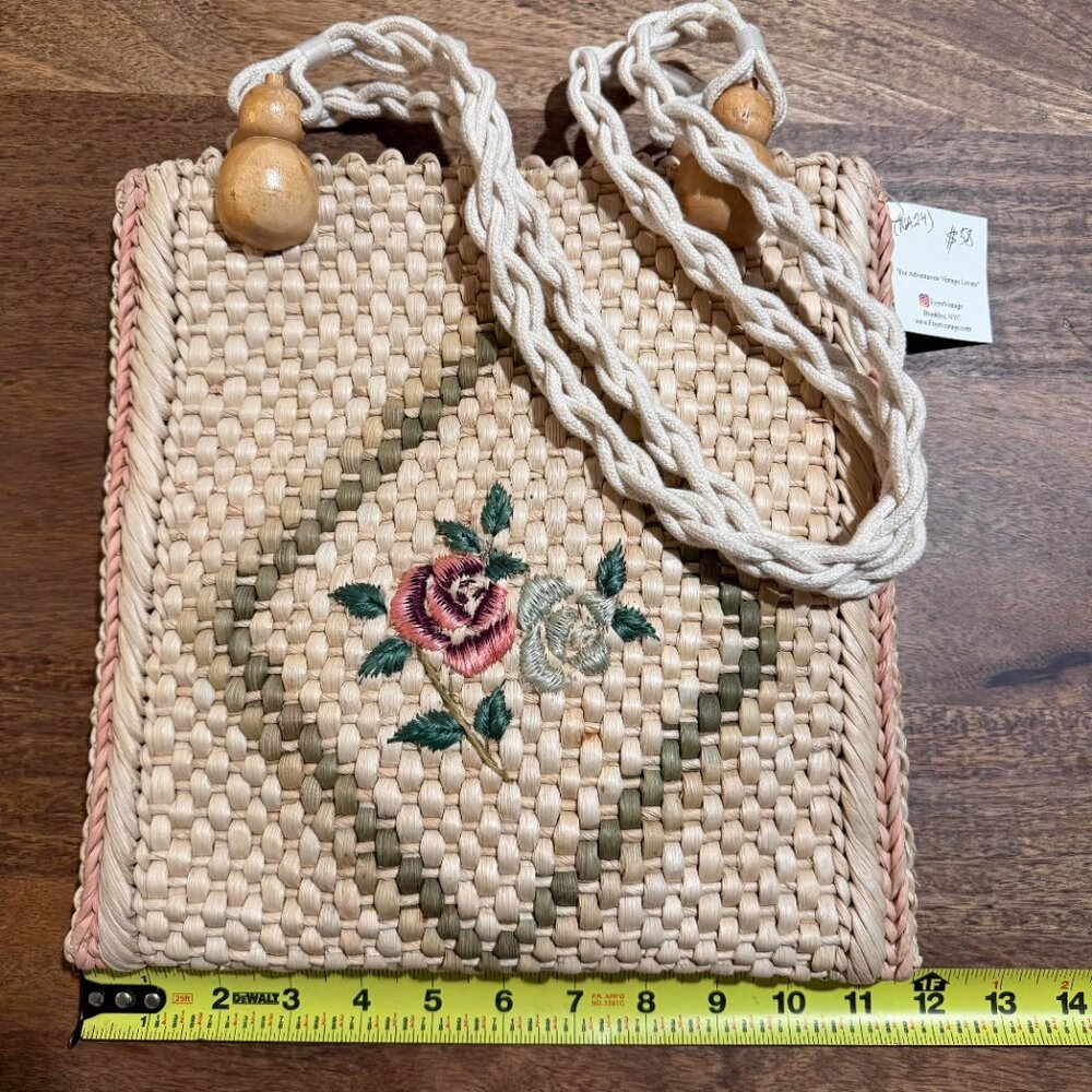 Vintage Woven Straw Shoulder Bag Floral Embroidery Rope Strap Lined Zipper Tote - Picture 7 of 8